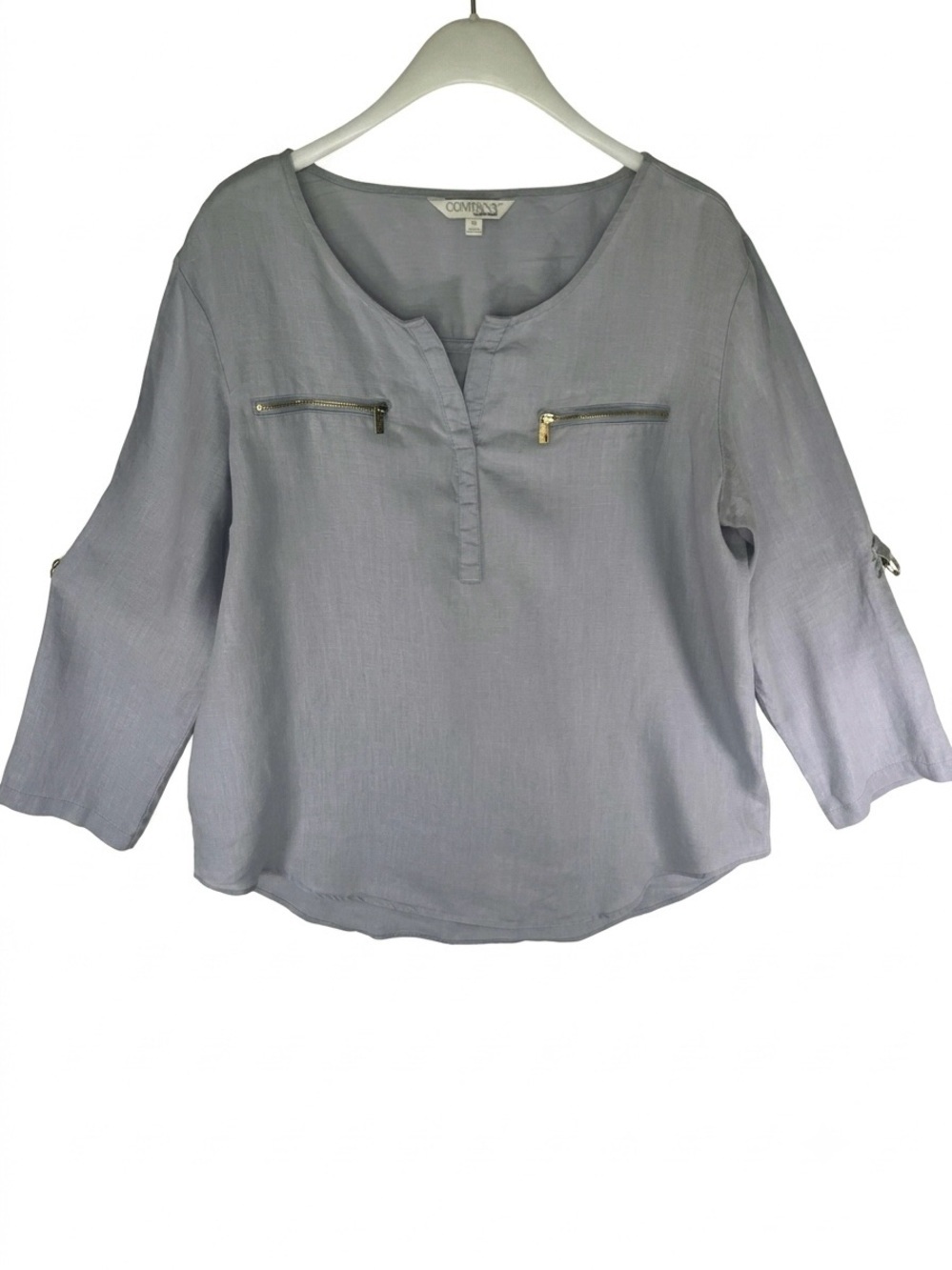 Company Ellen Tracy Linen Blouse XL Chambray Blue Split Neck Roll Tab Zip Pocket